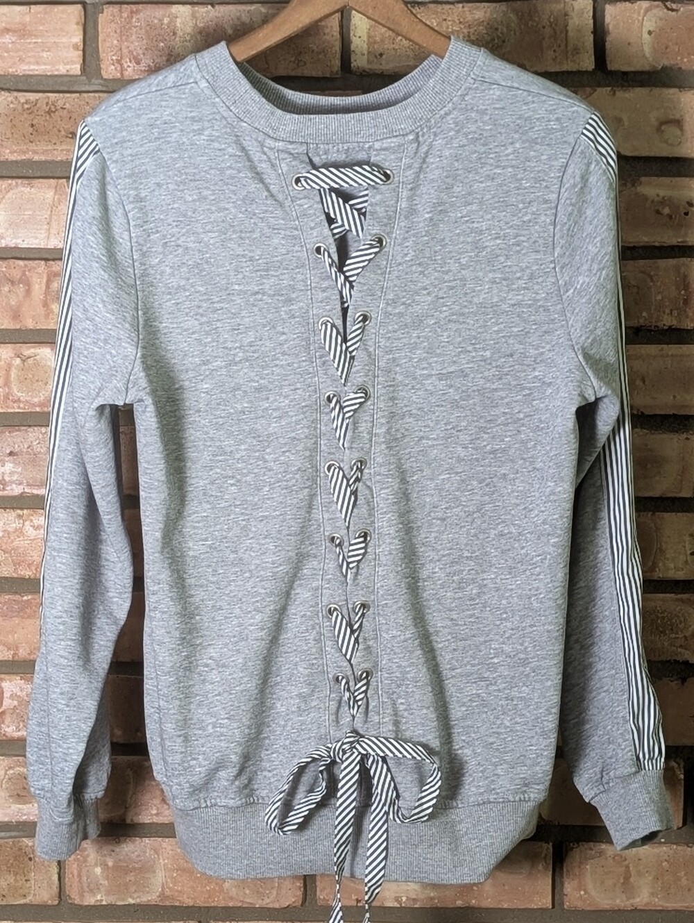 Current Air Gray Pullover Sweatshirt Striped Lace-Up Detail